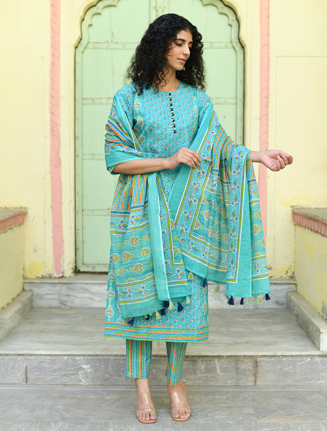 rangeelo-Floral-Printed-Regular-Pure-Cotton-Kurta-With-Trousers-&-Dupatta-RO194GREEN