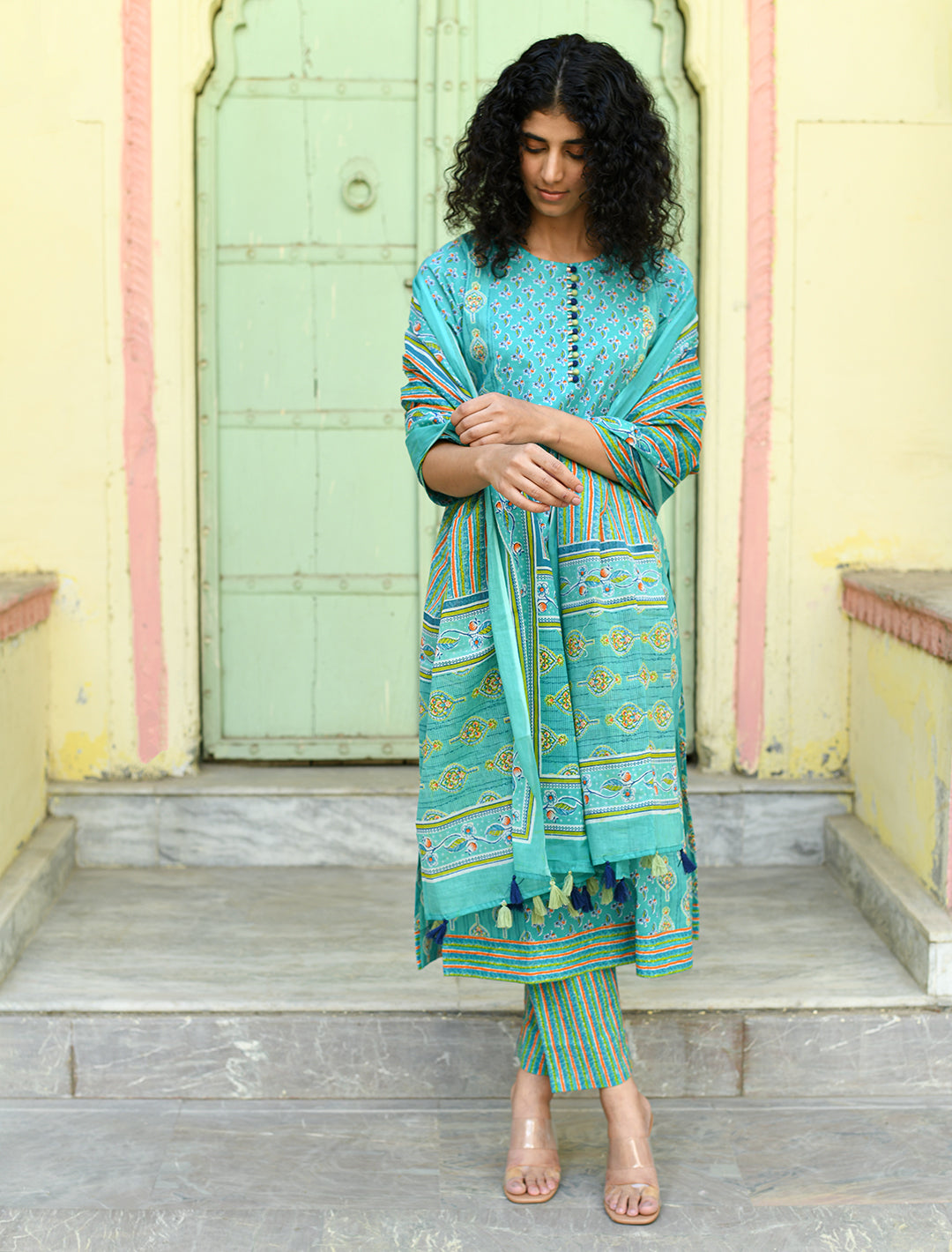 rangeelo-Floral-Printed-Regular-Pure-Cotton-Kurta-With-Trousers-&-Dupatta-RO194GREEN