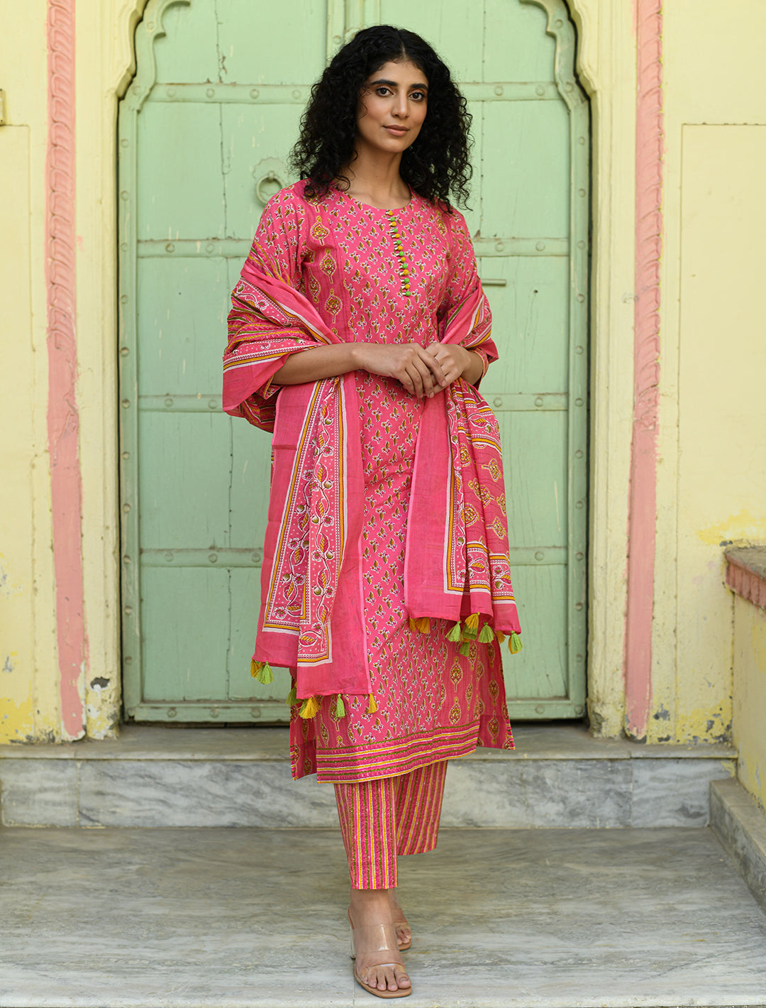 rangeelo-Floral-Printed-Regular-Pure-Cotton-Kurta-With-Trousers-&-Dupatta-RO194PINK