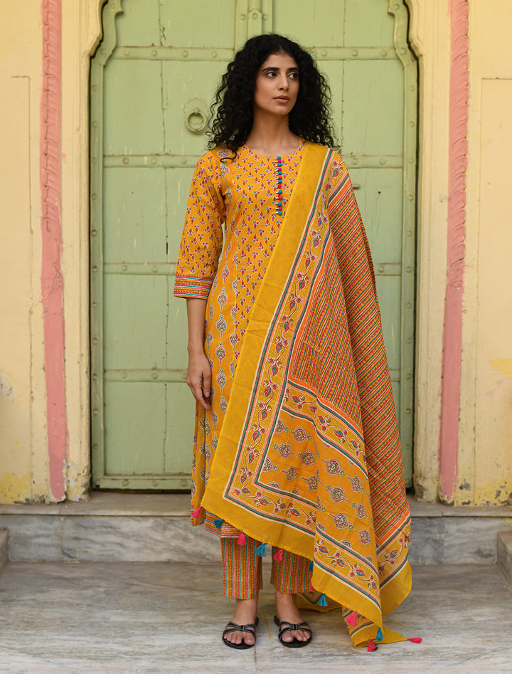 rangeelo-Floral-Printed-Regular-Pure-Cotton-Kurta-With-Trousers-&-Dupatta-RO194YELLOW