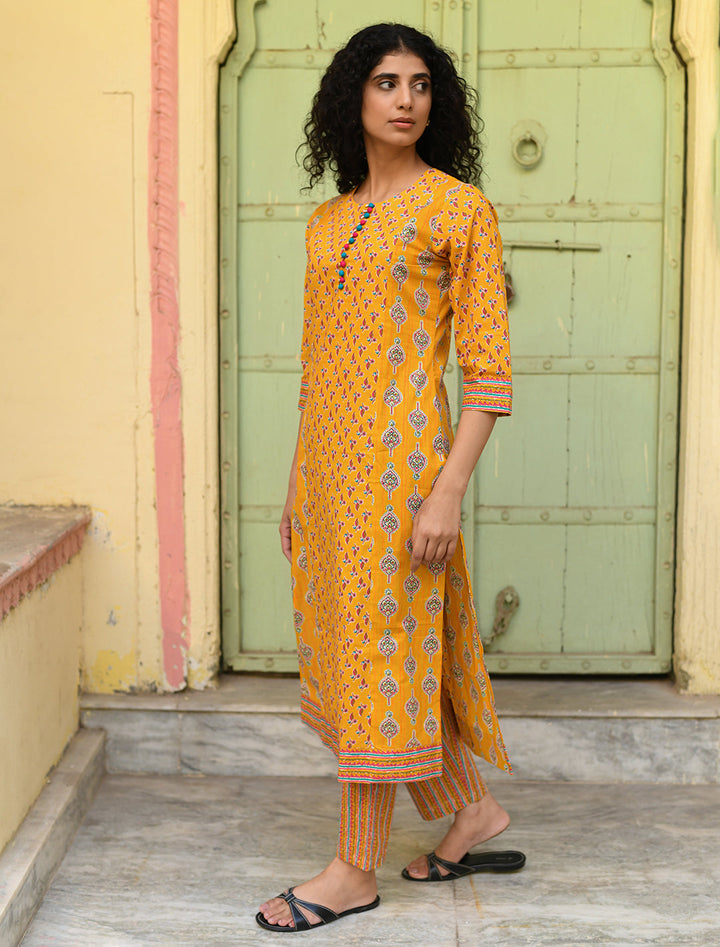 rangeelo-Floral-Printed-Regular-Pure-Cotton-Kurta-With-Trousers-&-Dupatta-RO194YELLOW