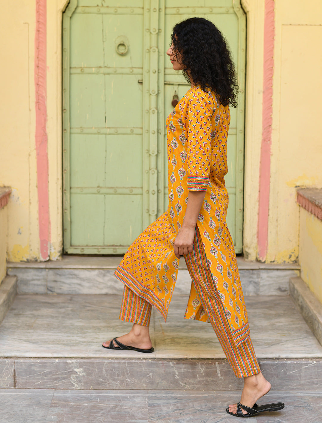 rangeelo-Floral-Printed-Regular-Pure-Cotton-Kurta-With-Trousers-&-Dupatta-RO194YELLOW