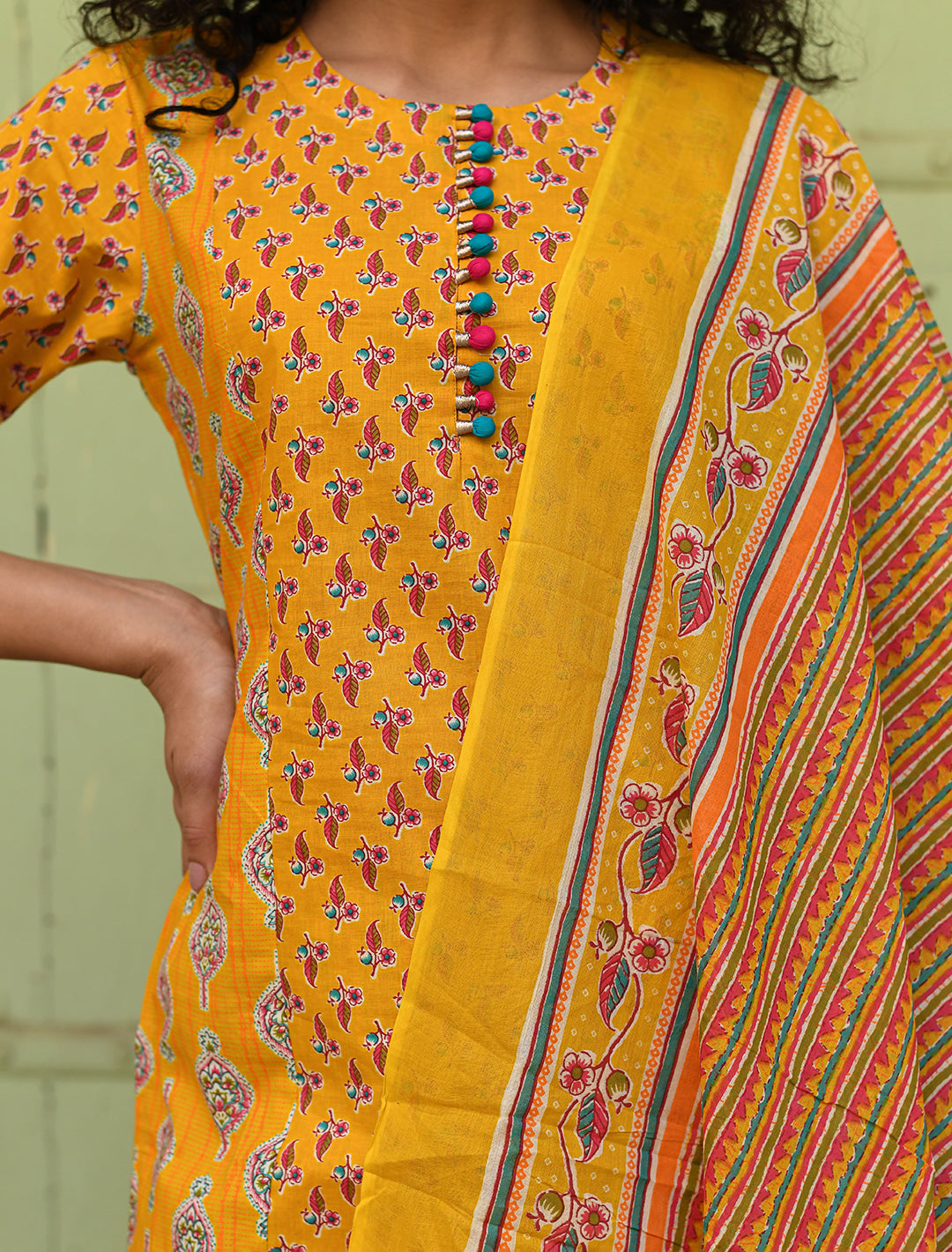 rangeelo-Floral-Printed-Regular-Pure-Cotton-Kurta-With-Trousers-&-Dupatta-RO194YELLOW