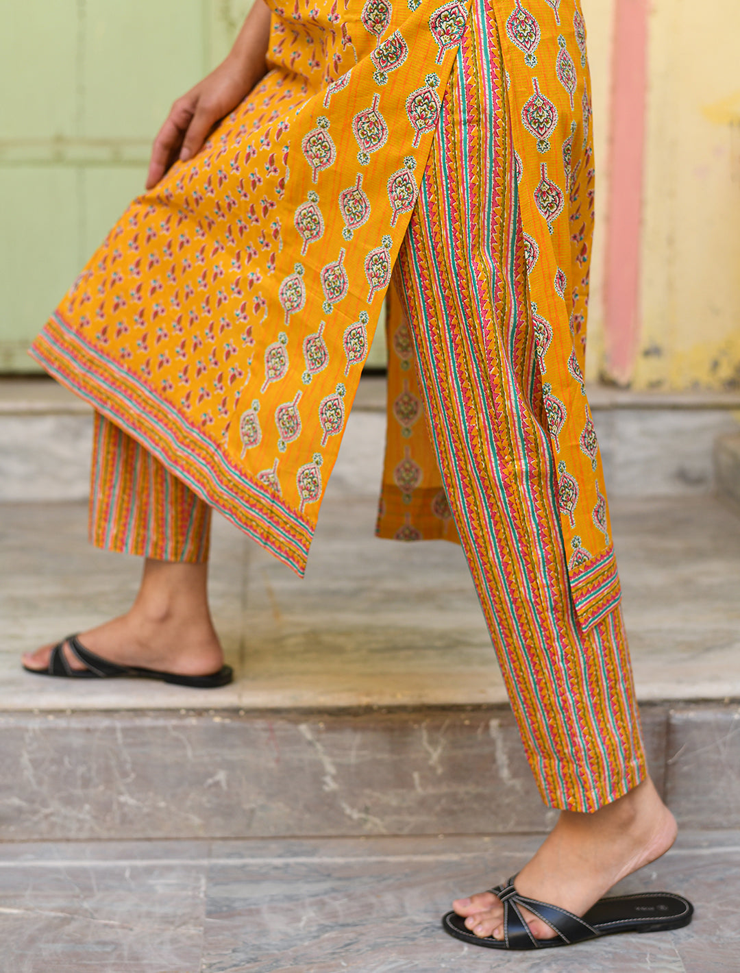 rangeelo-Floral-Printed-Regular-Pure-Cotton-Kurta-With-Trousers-&-Dupatta-RO194YELLOW