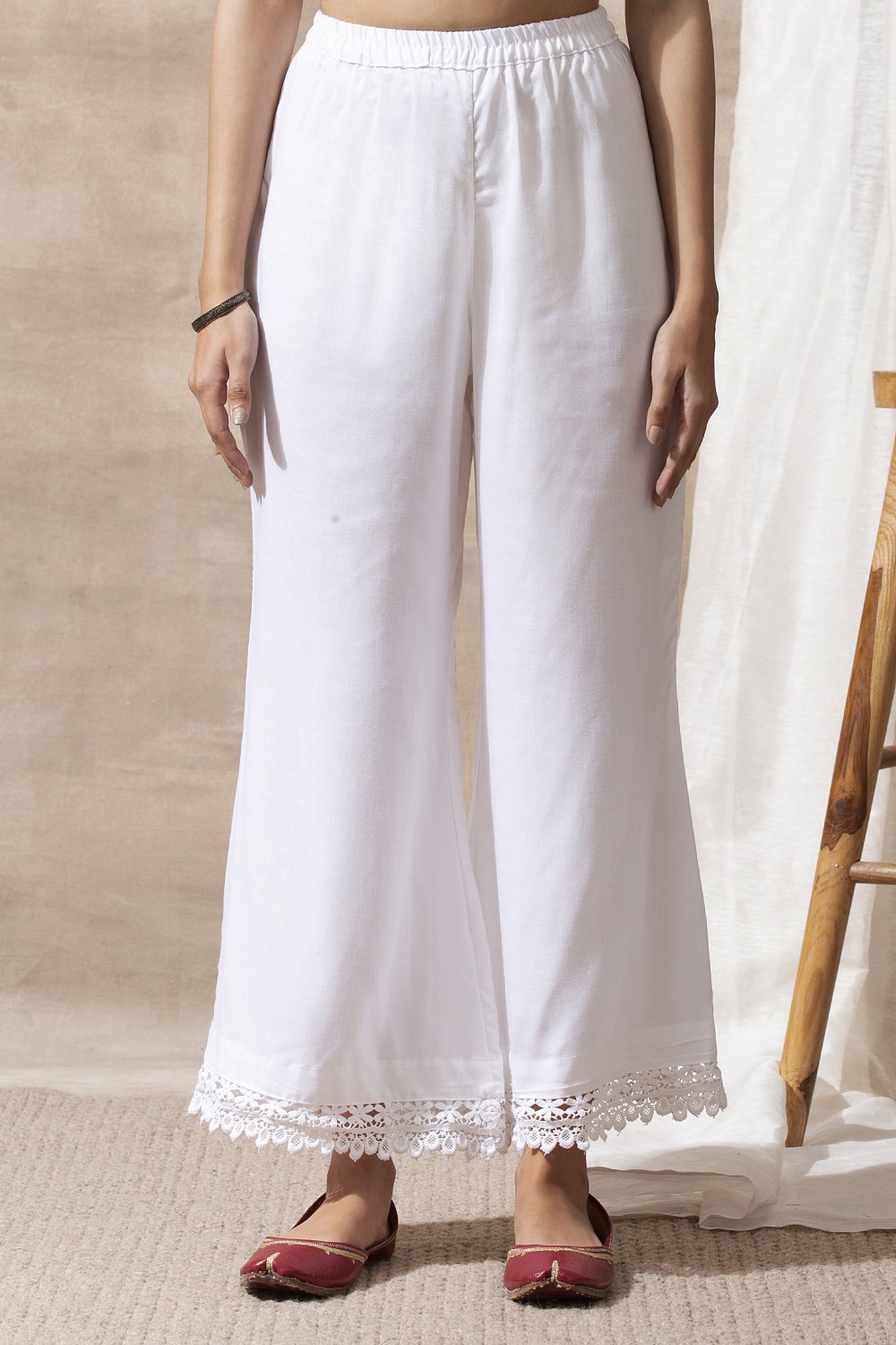 White Cotton Palazzos with Broad Decorative Lace