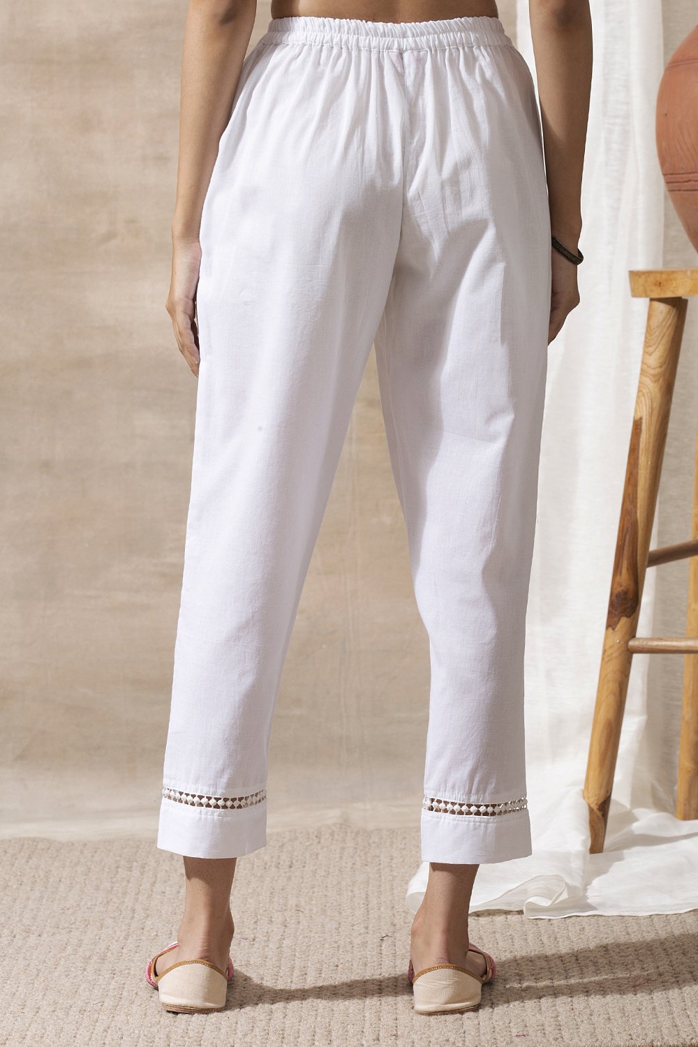 White Cotton Creative Schiffli Narrow Farsi Pants