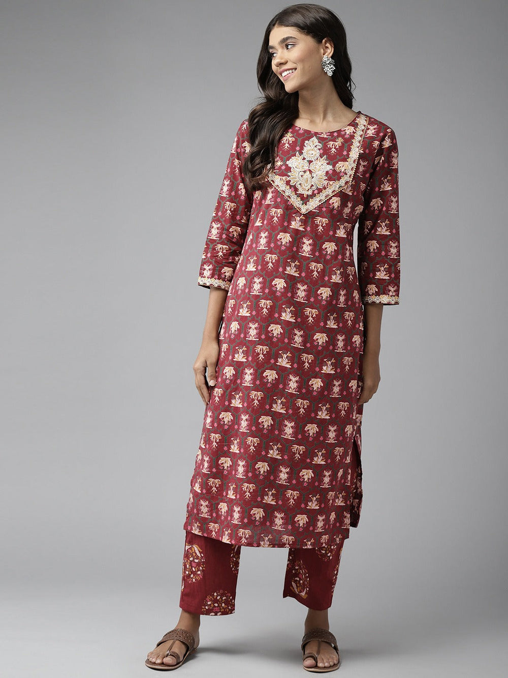 Maroon Ethnic Motifs Printed Kurta Set