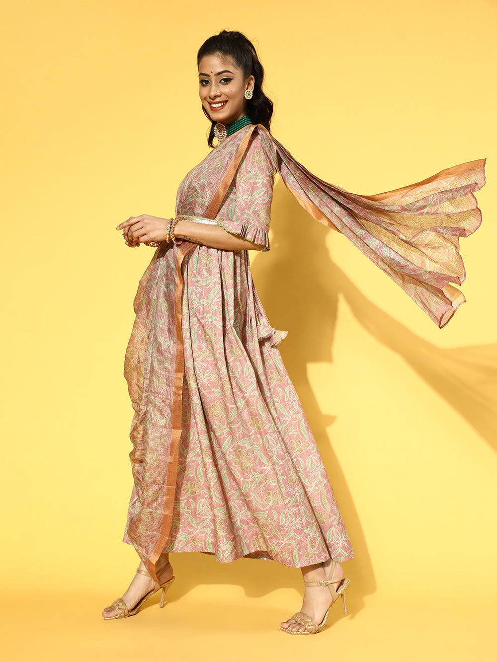 Pink-&-Green-Floral-Print-Dress-with-Dupatta