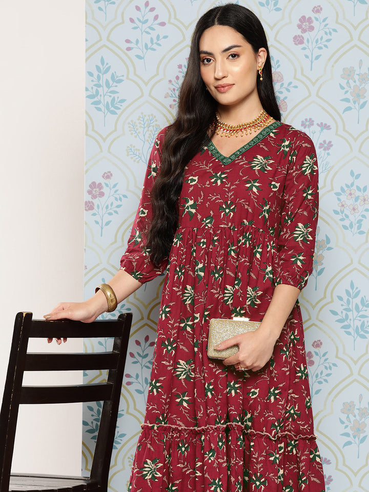 Maroon Floral Embroidered Fit & Flare Cotton Maxi Dress