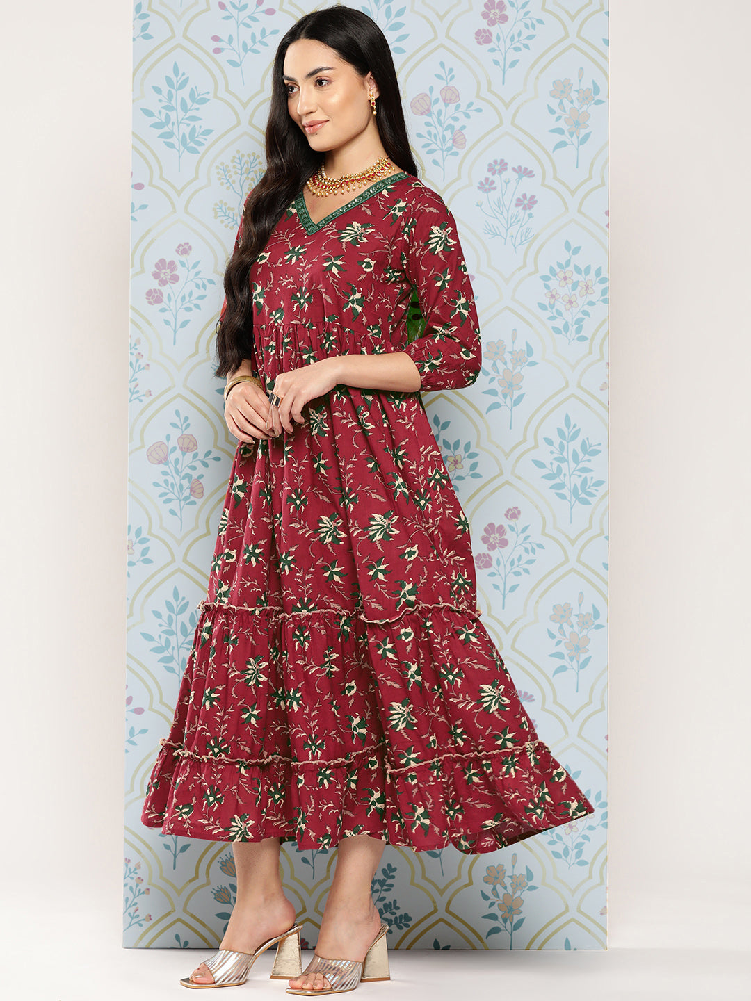 Maroon Floral Embroidered Fit & Flare Cotton Maxi Dress