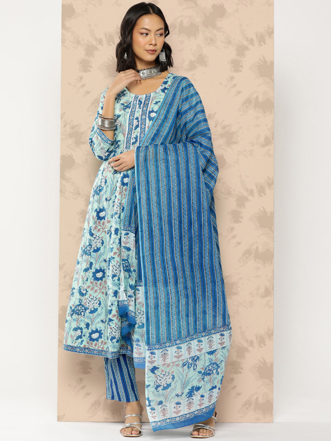 Blue Floral Print Pure Cotton Kurta With Trousers & Dupatta