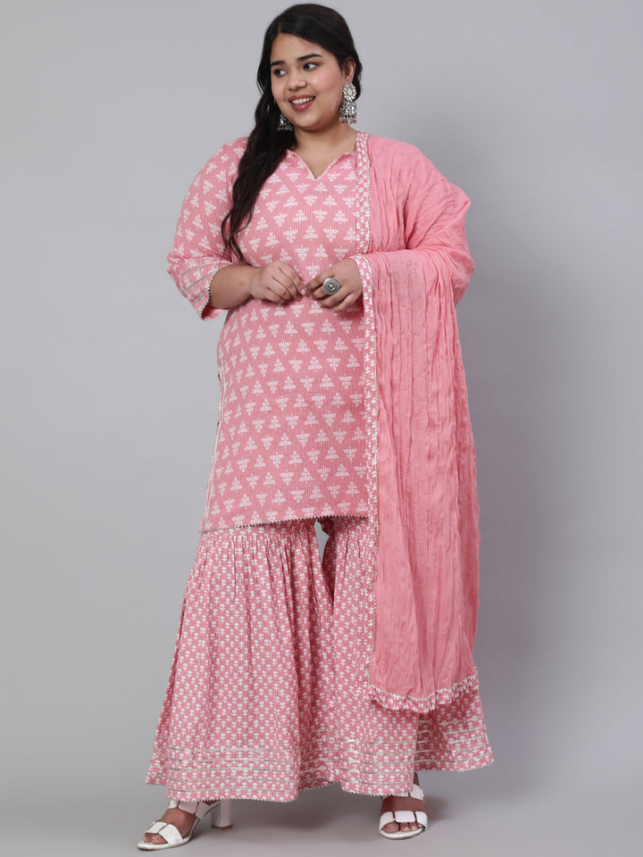 Baby Pink Cotton Kantha Print 3-Piece Sharara Set