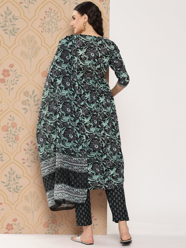 Black Floral Embroidered Pure Cotton Kurta With Trousers & With Dupatta