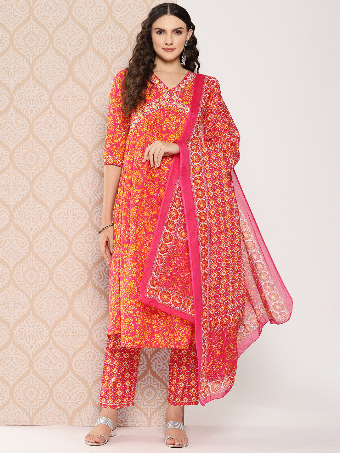 Orange-Floral-Printed-Regular-Sequinned-Pure-Cotton-Kurta-With-Trousers-&-Dupatta