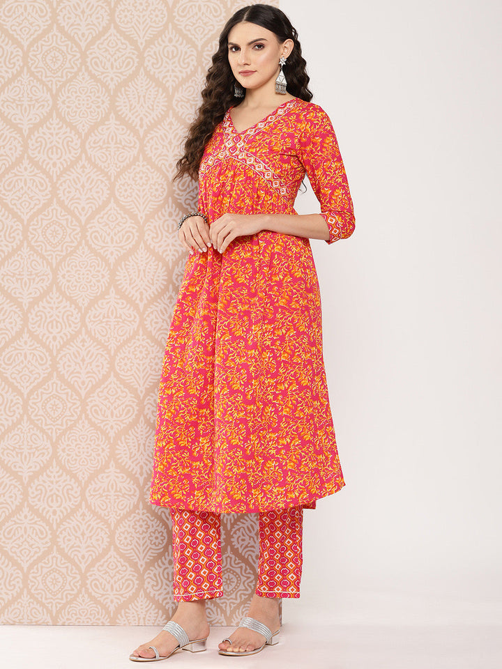 Orange-Floral-Printed-Regular-Sequinned-Pure-Cotton-Kurta-With-Trousers-&-Dupatta