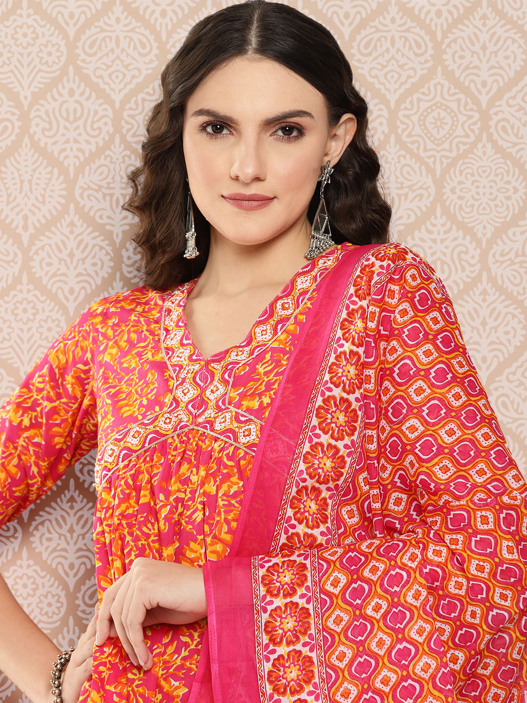 Orange-Floral-Printed-Regular-Sequinned-Pure-Cotton-Kurta-With-Trousers-&-Dupatta