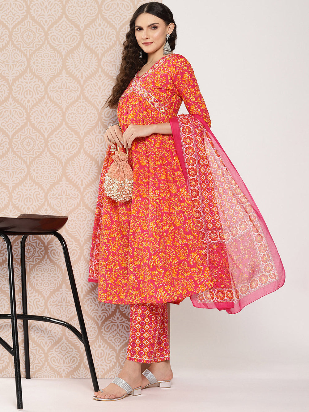 Orange-Floral-Printed-Regular-Sequinned-Pure-Cotton-Kurta-With-Trousers-&-Dupatta