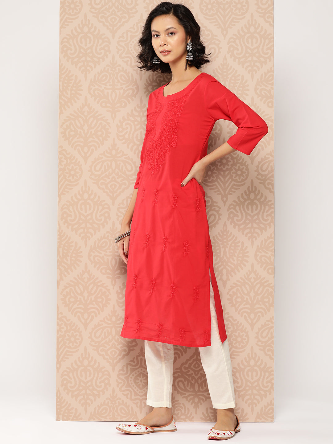 Red Floral Embroidered Chikankari Cotton Kurta