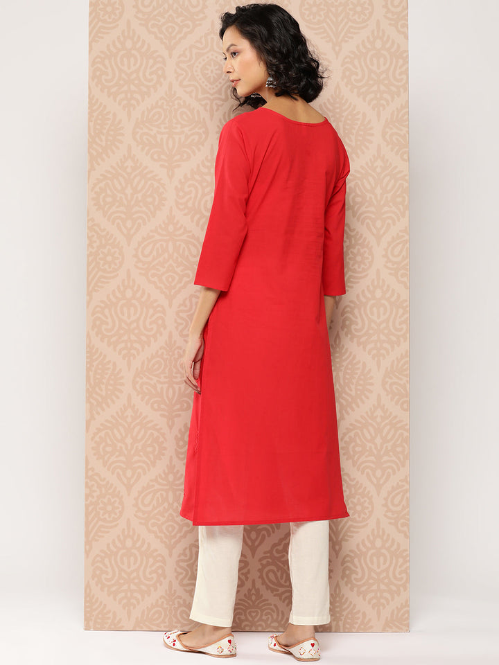 Red Floral Embroidered Chikankari Cotton Kurta