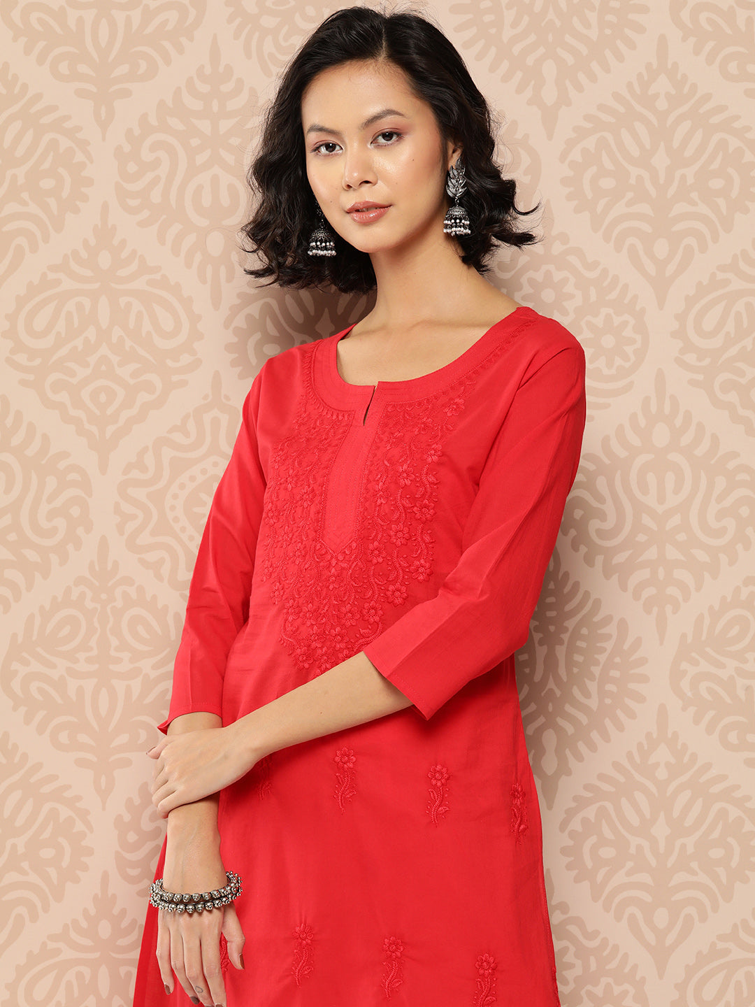 Red Floral Embroidered Chikankari Cotton Kurta