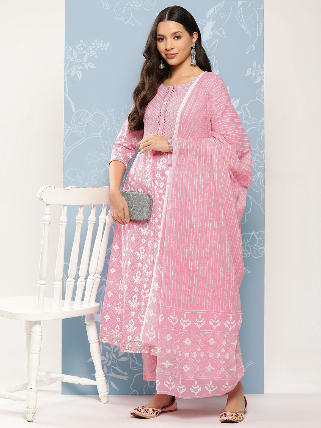 Pink Printed Chikankari Pure Cotton Kurta With Trousers & Dupatta