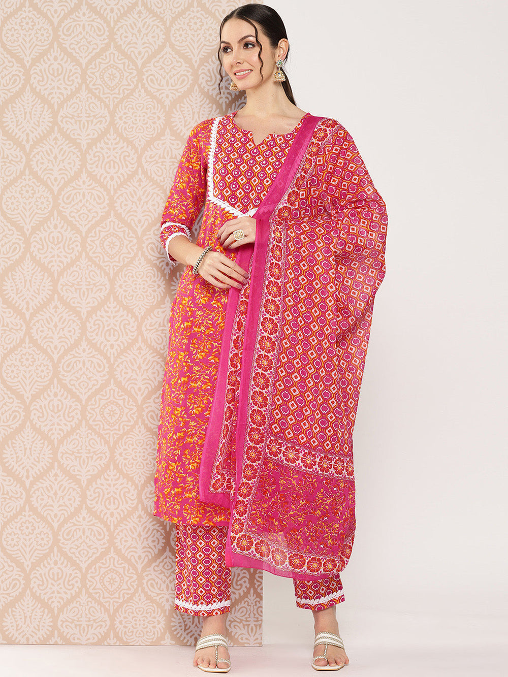 Pink-Printed-Regular-Sequinned-Pure-Cotton-Kurta-With-Trousers-&-Dupatta