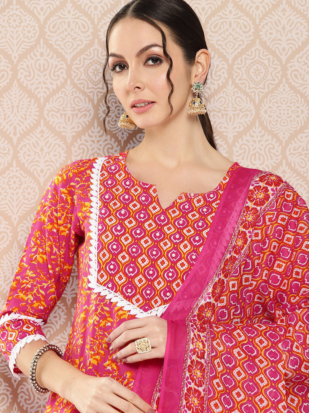 Pink-Printed-Regular-Sequinned-Pure-Cotton-Kurta-With-Trousers-&-Dupatta