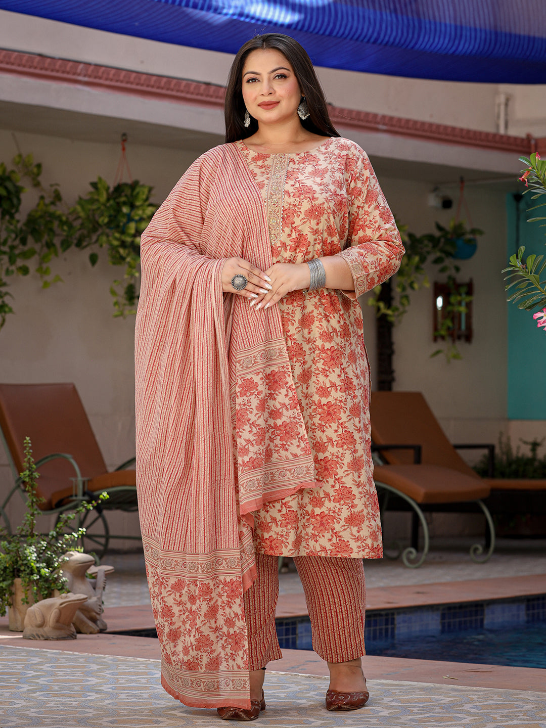 Floral Printed Sequinned Pure Cotton Kurta & Trousers With Dupatta