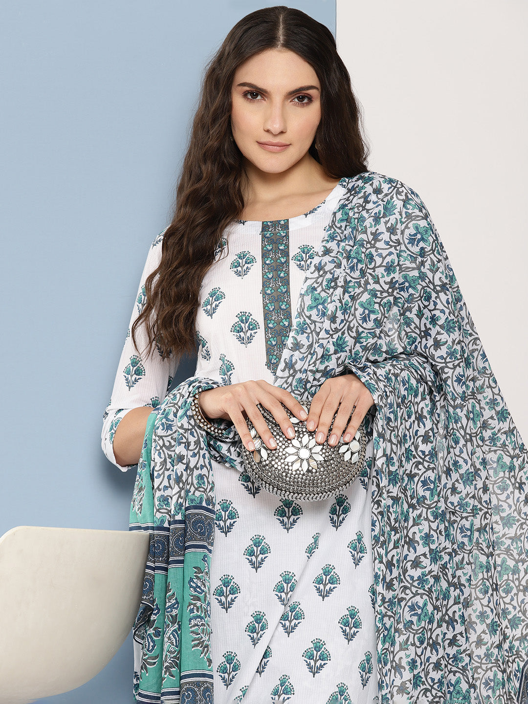 White-And-Blue-Printed-Kurta-With-Trousers-&-Dupatta-Set-1364SKDWH