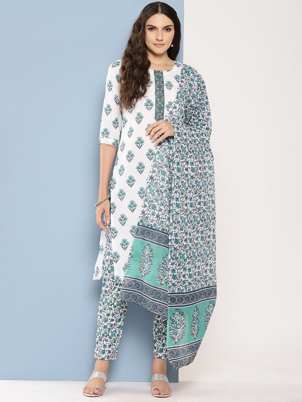 White-And-Blue-Printed-Kurta-With-Trousers-&-Dupatta-Set-1364SKDWH