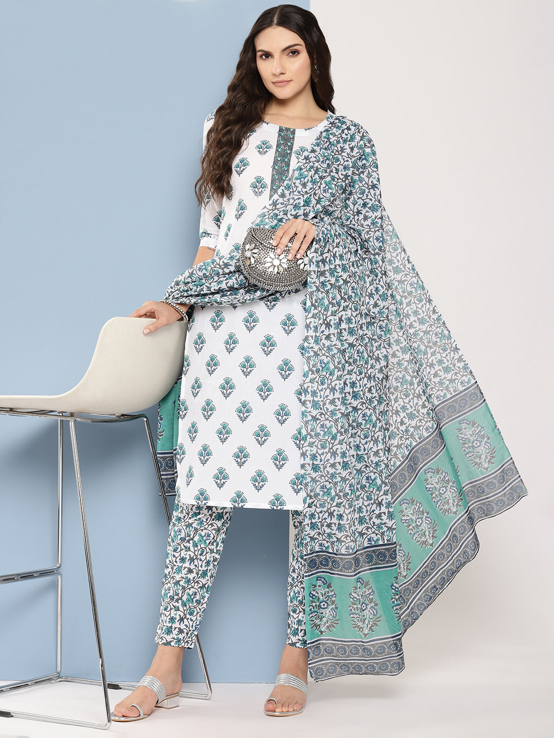 White-And-Blue-Printed-Kurta-With-Trousers-&-Dupatta-Set-1364SKDWH