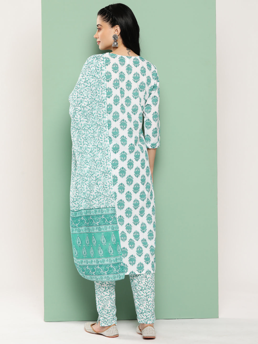 Floral Pure Cotton Kurta With Trousers & Dupatta