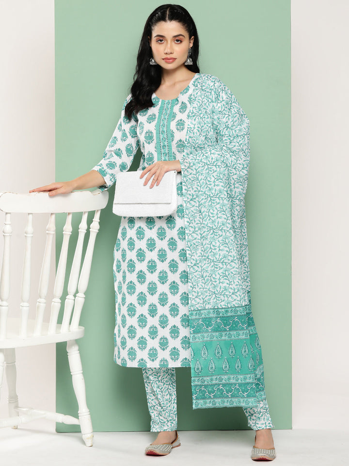 Floral Pure Cotton Kurta With Trousers & Dupatta