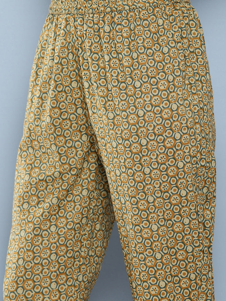 Mustard Brown & Cream Printed Kurta With Trousers & Dupatta Set