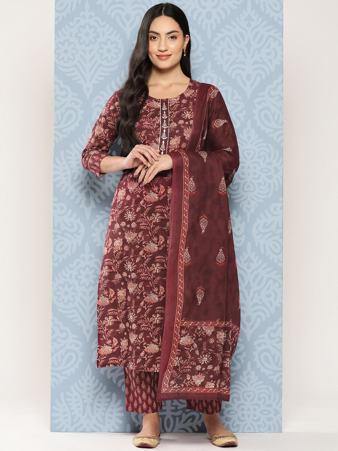 Floral Printed Gotta Patti Pure Cotton Kurta With Trousers & Dupatta