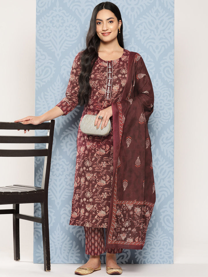 Floral Printed Gotta Patti Pure Cotton Kurta With Trousers & Dupatta