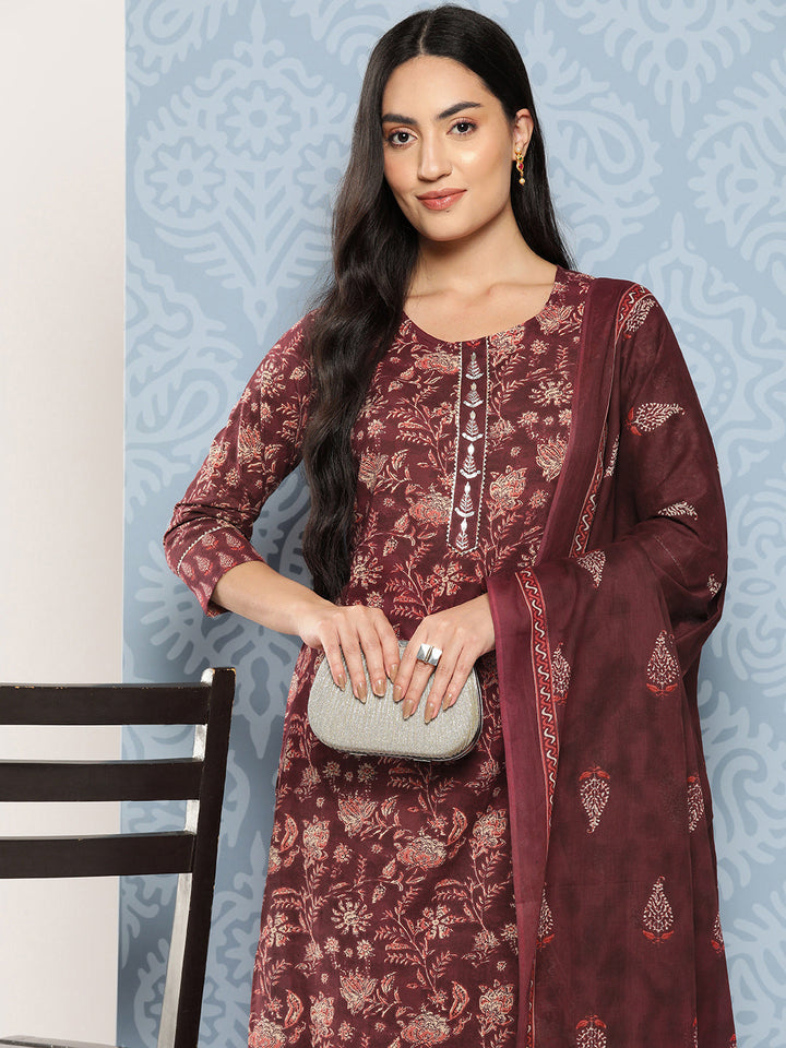 Floral Printed Gotta Patti Pure Cotton Kurta With Trousers & Dupatta