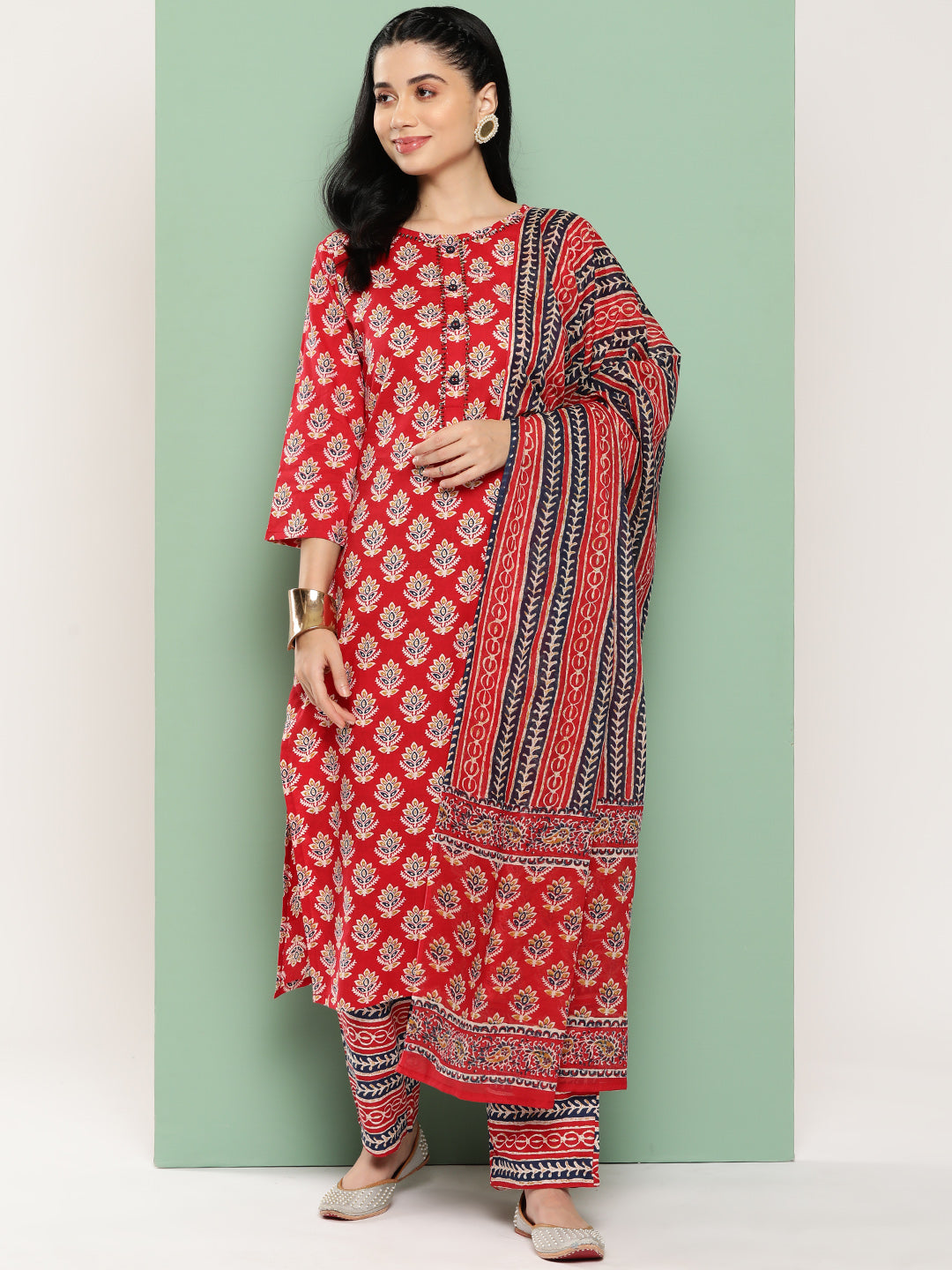 Red Floral Printed Sequinned Pure Cotton Kurta With Trousers & Dupatta