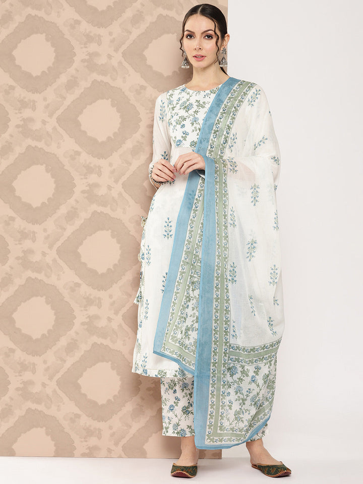 White Floral Print Sequinned Pure Cotton Kurta With Trousers & Dupatta Set