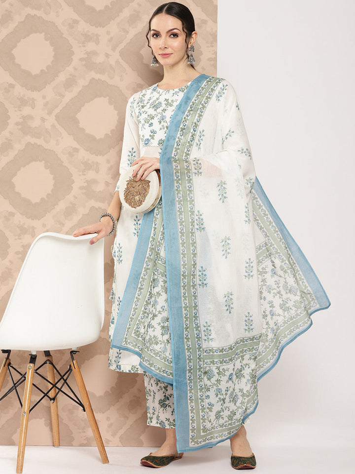 White Floral Print Sequinned Pure Cotton Kurta With Trousers & Dupatta Set