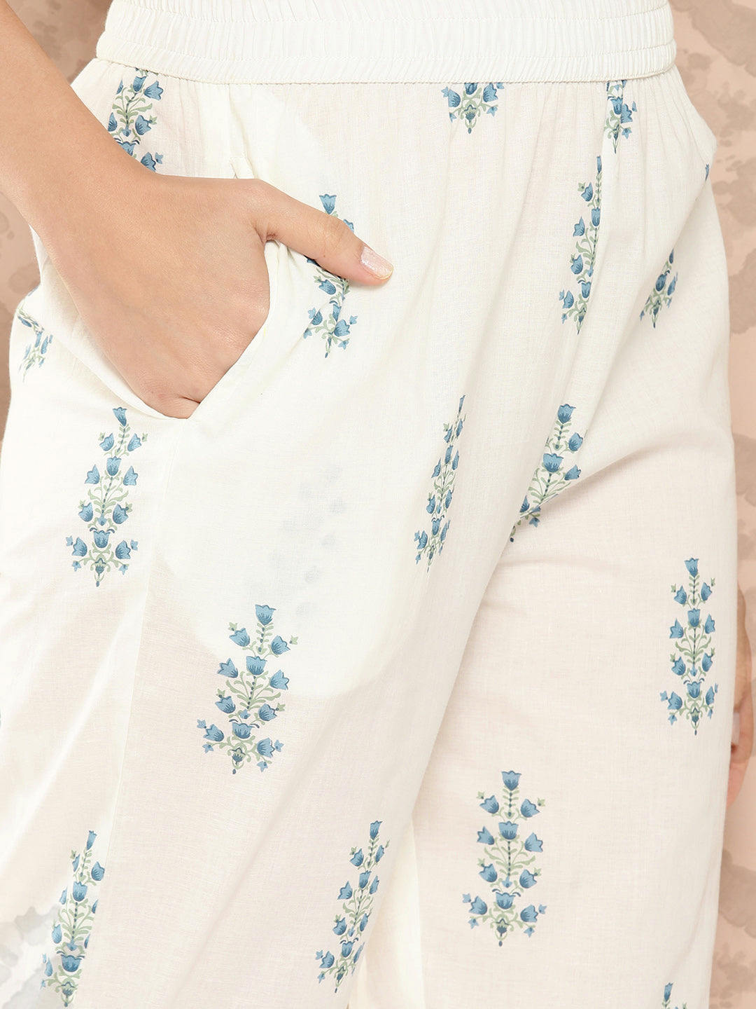 White Floral Printed Gotta Patti Pure Cotton Kurta With Trousers & Dupatta Set