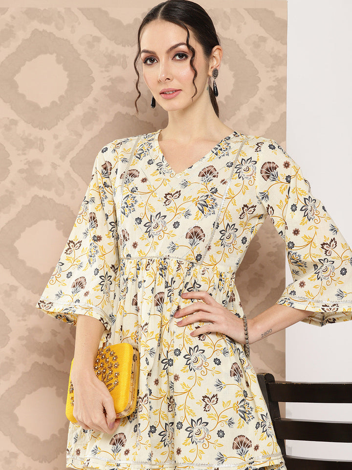 Yellow Floral Printed Peplum Gotta Patti Pure Cotton Kurti With Dhoti Pants