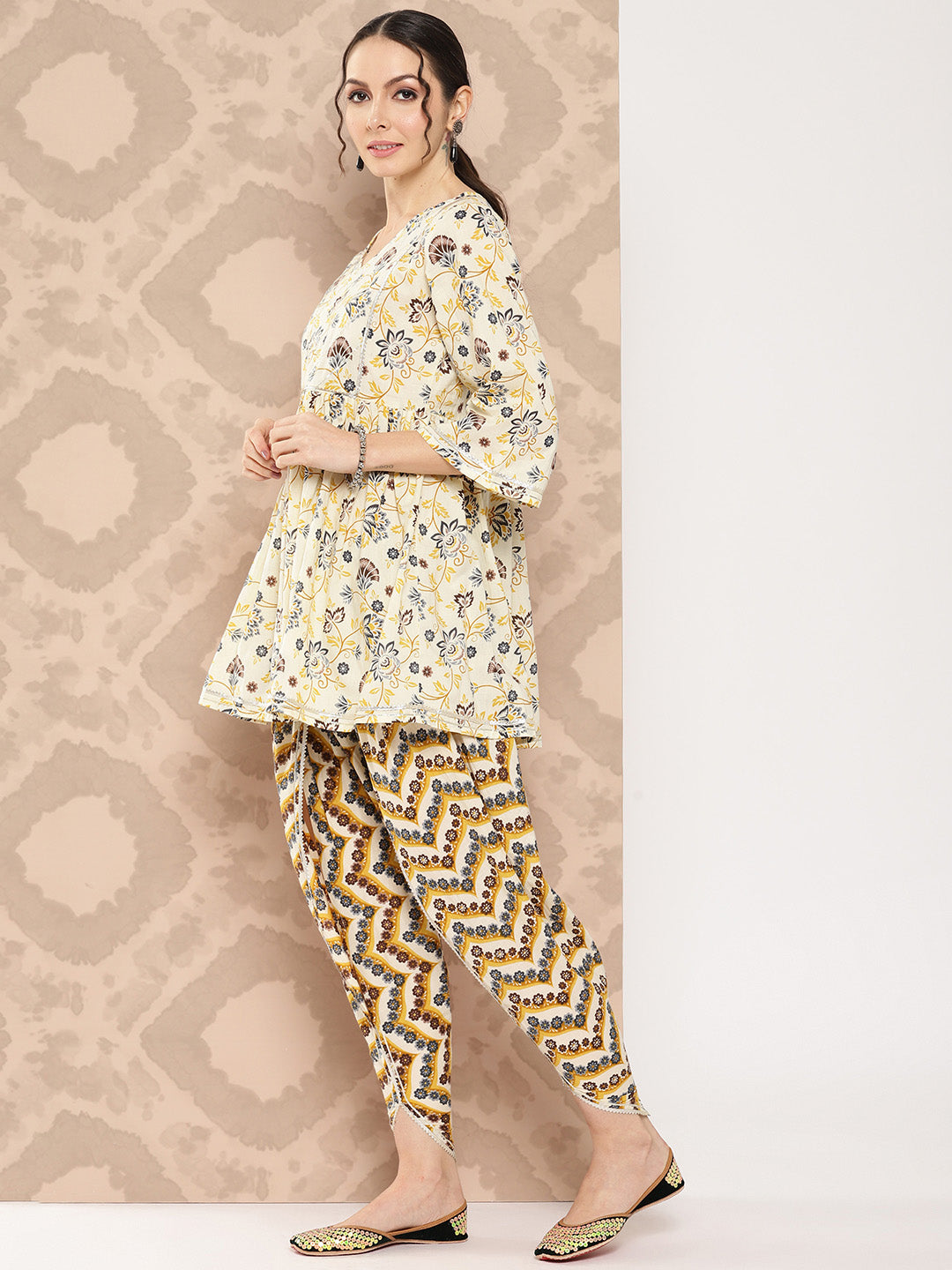 Yellow Floral Printed Peplum Gotta Patti Pure Cotton Kurti With Dhoti Pants