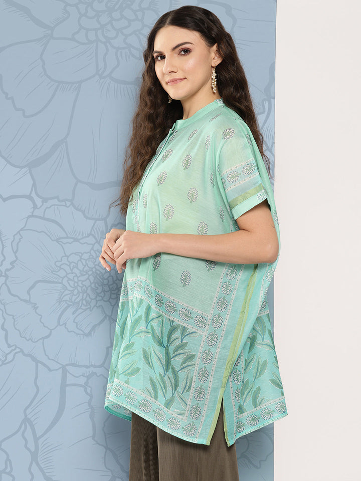 Green Printed Ethnic Chanderi Cotton Kaftan Longline Top
