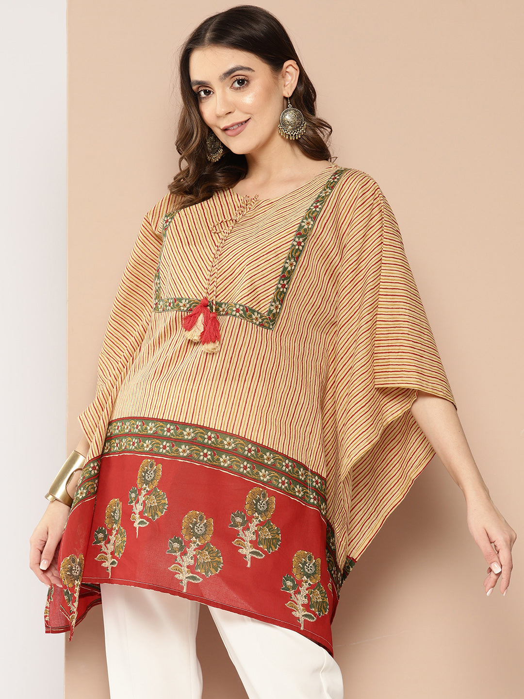 Red-And-Beige-Striped-Cotton-Kaftan-Longline-Top-1411TOPRD