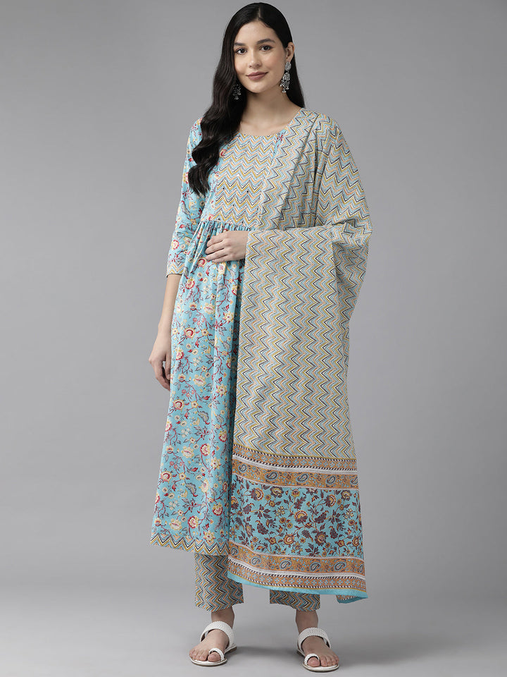 Blue Floral Printed Beads & Stones Pure Cotton Kurta With Trousers & Dupatta