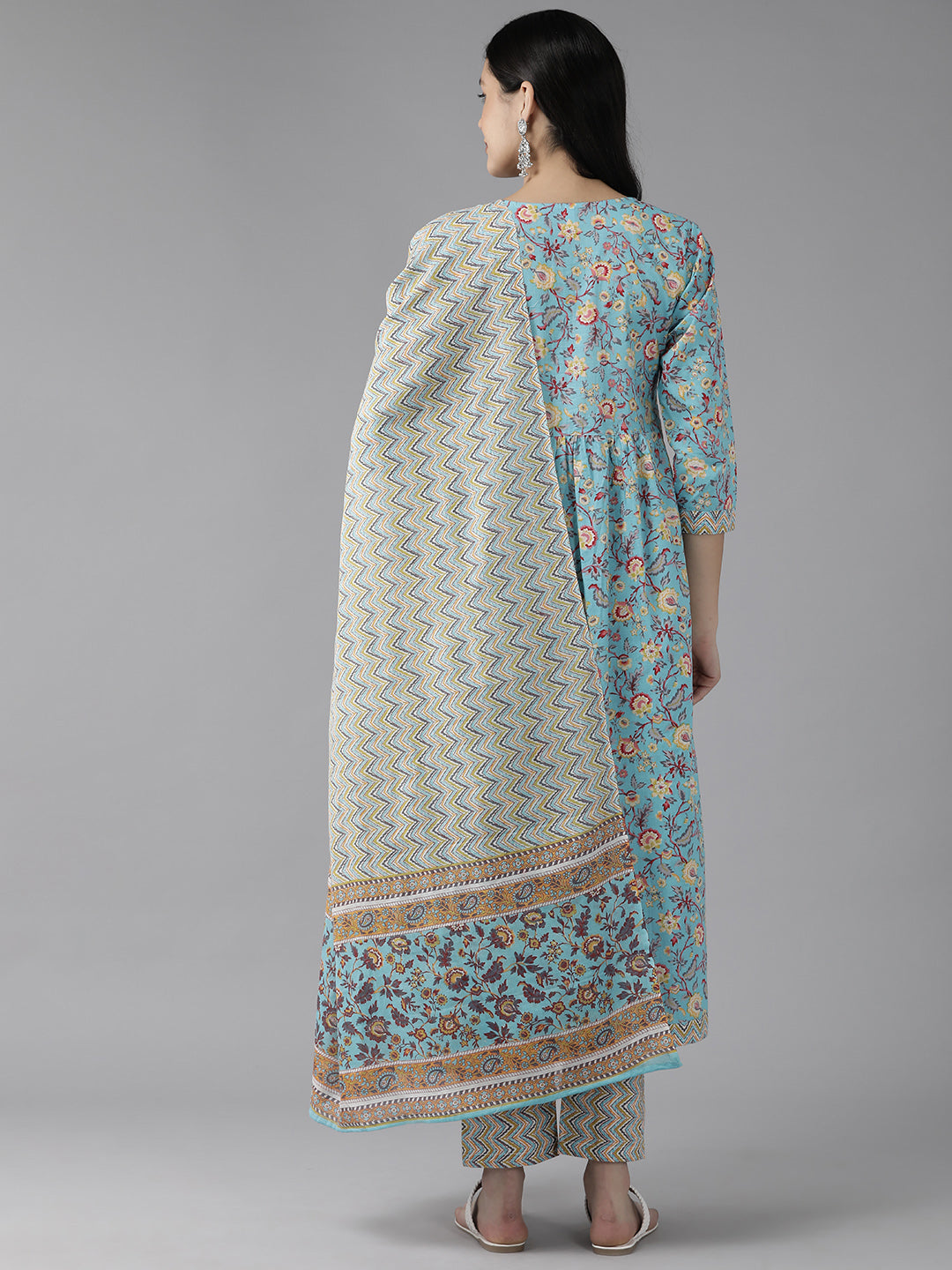 Blue Floral Printed Beads & Stones Pure Cotton Kurta With Trousers & Dupatta