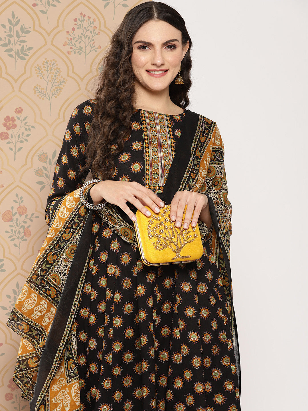 Black Floral Printed Pure Cotton Kurta With Trousers & Dupatta