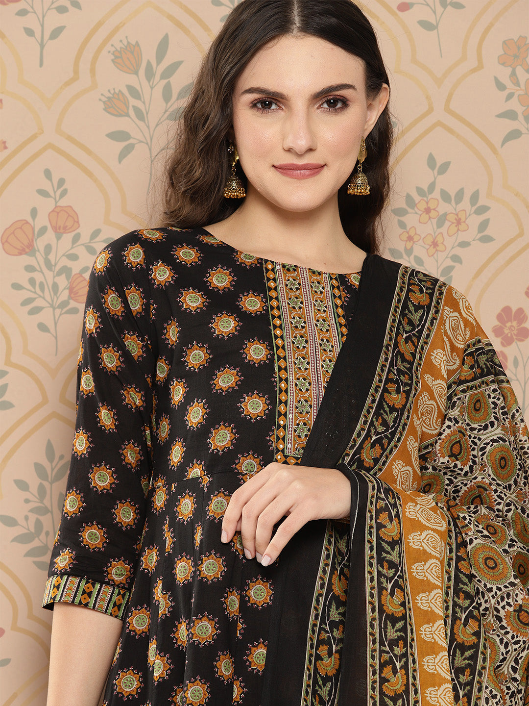 Black Floral Printed Pure Cotton Kurta With Trousers & Dupatta