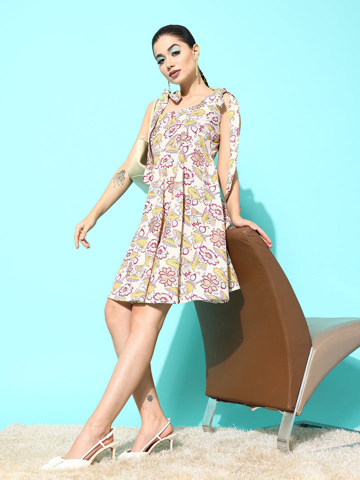 Yellow-&-Off-White-Floral-Print-Pure-Cotton-A-Line-Dress